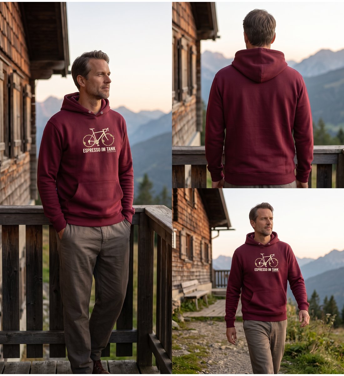 Modelbild Burgundy - Rennrad & Kaffee | Unisex Organic Hoodie von Rad&Rucksack
