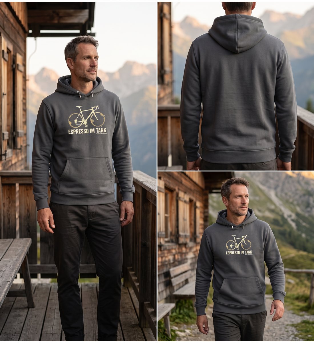 Modelbild India Ink Grey - Rennrad & Kaffee | Unisex Organic Hoodie von Rad&Rucksack