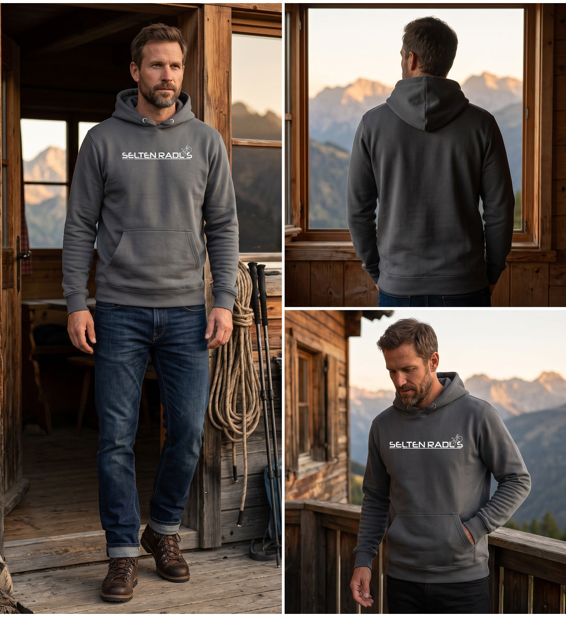 Modelbild India Ink Grey - Selten-Radlos | Unisex Organic Hoodie von Rad&Rucksack