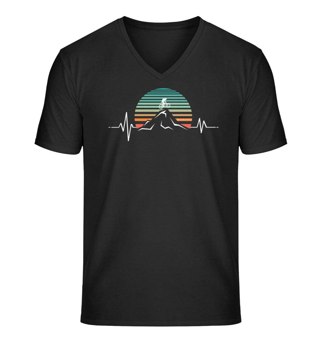 Mountainbike Herzschlag Bio V-Neck T-Shirt in Schwarz – Produktbild (100% Bio-Baumwolle) von Rad&Rucksack