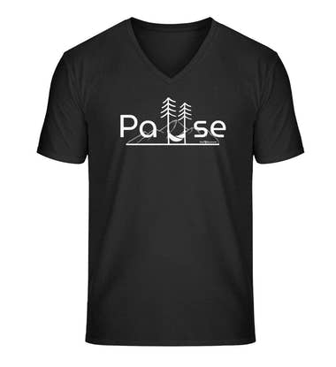 Natur Pause V-Neck T-Shirt Herren in Schwarz (Black) – Produktbild (100% Bio-Baumwolle) von Rad&Rucksack