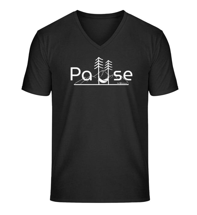 Natur Pause V-Neck T-Shirt Herren in Schwarz (Black) – Produktbild (100% Bio-Baumwolle) von Rad&Rucksack