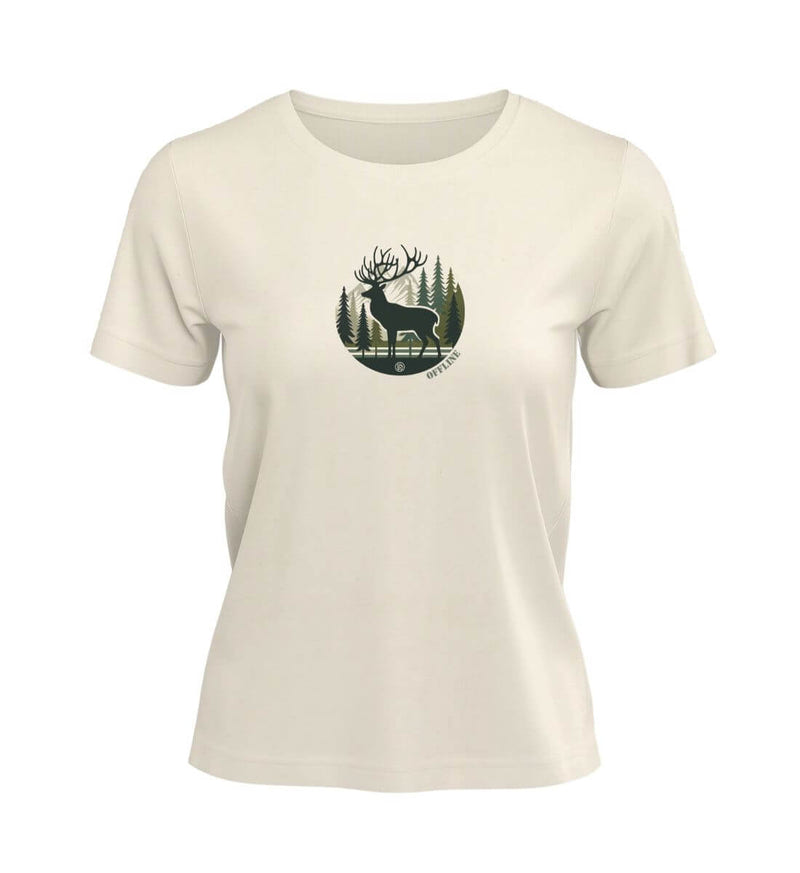 T-Shirts mit Hirschmotiv Damen „Offline Hirsch“ in Naturweiß (Natural Raw) – Produktbild (100% Bio-Baumwolle) von Rad&Rucksack
