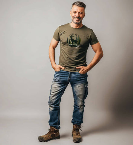 Geschenk Offline Hirsch T-Shirt – Modelbild (100% Bio-Baumwolle) von Rad&Rucksack