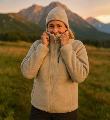Faires Outdoor Teddyfleece Jacke Sherpa Outdoor – Produktbild (350 g/m² Sherpa-Teddyfleece mit Stick) von Rad&Rucksack