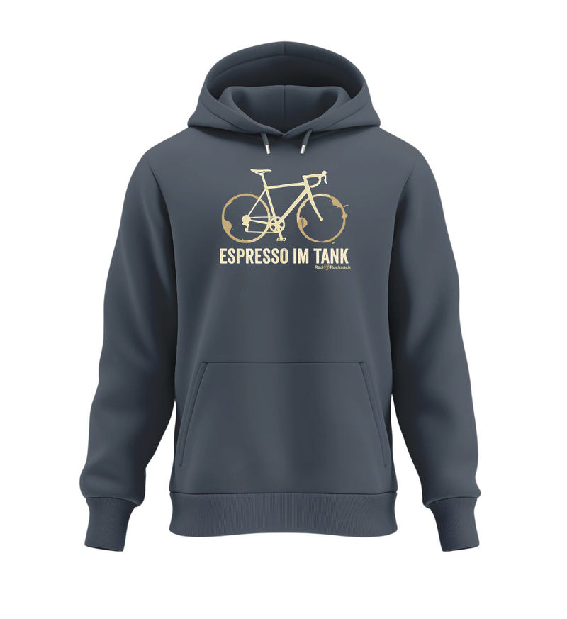 Rennrad & Kaffee Hoodie in Blaugrau (India Ink Grey) – Produktbild (350 g/m² Bio-Baumwolle) von Rad&Rucksack