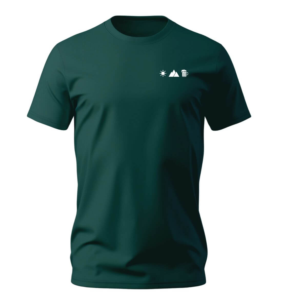 Sonne Berg Bier T-Shirt Herren Tannengrün (Glazed Green) – Produktbild (100% Bio-Baumwolle mit Stick) von Rad&Rucksack
