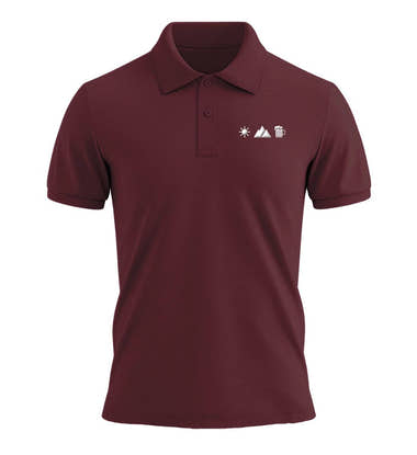 Piqué Poloshirt Bio „Sonne Berg Bier“ in Weinrot (Burgundy) – Produktbild (240 g/m² Bio-Piqué mit Stick) von Rad&Rucksack