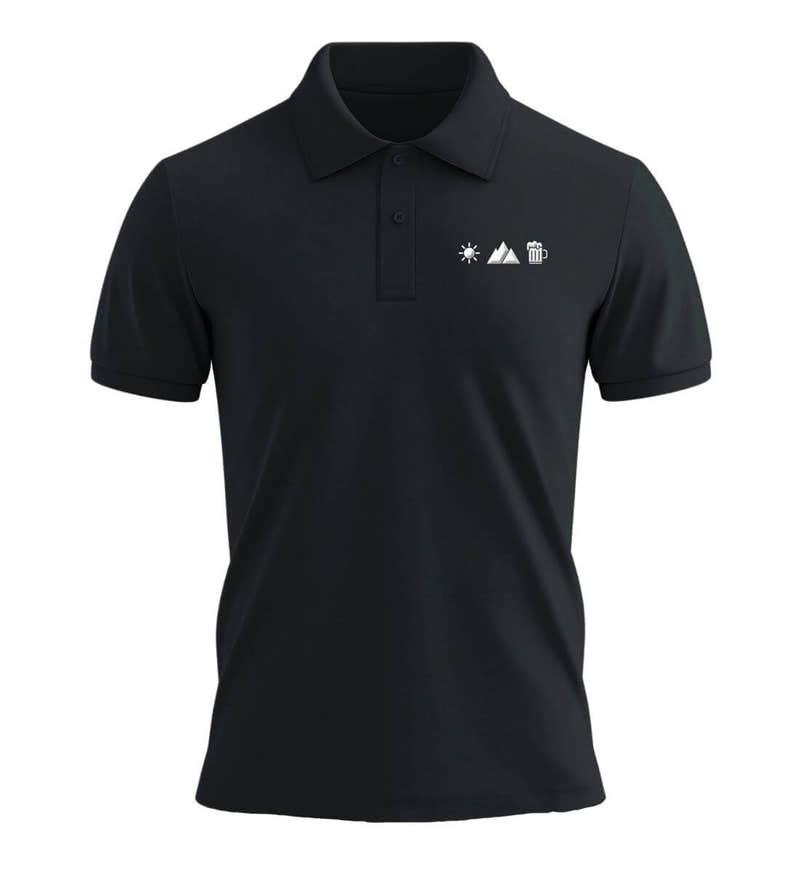 Sonne Berg Bier Stick Poloshirt in Schwarz – Produktbild (240 g/m² Bio-Piqué mit Stick) von Rad&Rucksack