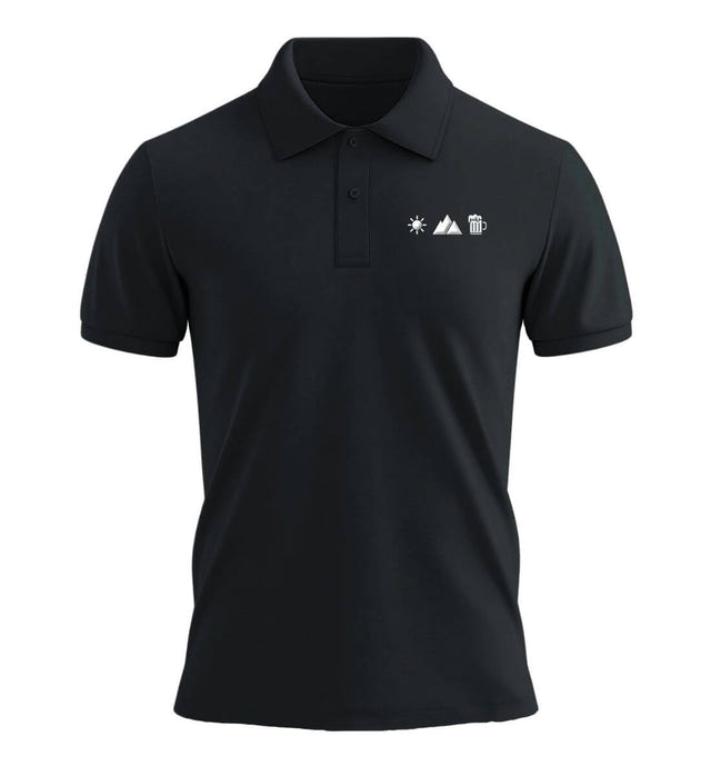 Sonne Berg Bier Stick Poloshirt in Schwarz – Produktbild (240 g/m² Bio-Piqué mit Stick) von Rad&Rucksack