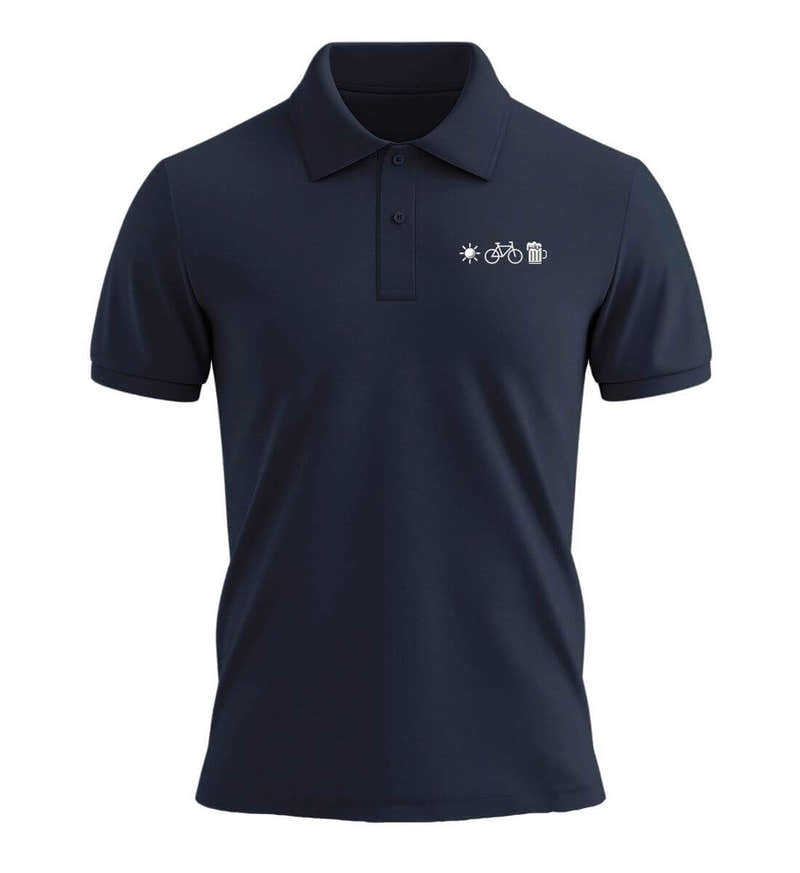 Sonne Bike Bier Stick Poloshirt in Dunkelblau (French Navy) – Produktbild (240 g/m² Bio-Piqué mit Stick) von Rad&Rucksack
