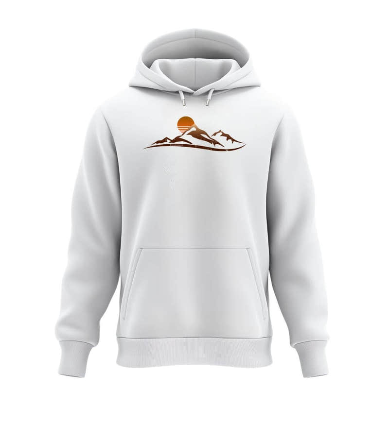 Sonnenuntergang Berg Hoodie in Weiß (White) – Produktbild (350 g/m² Bio-Baumwolle) von Rad&Rucksack