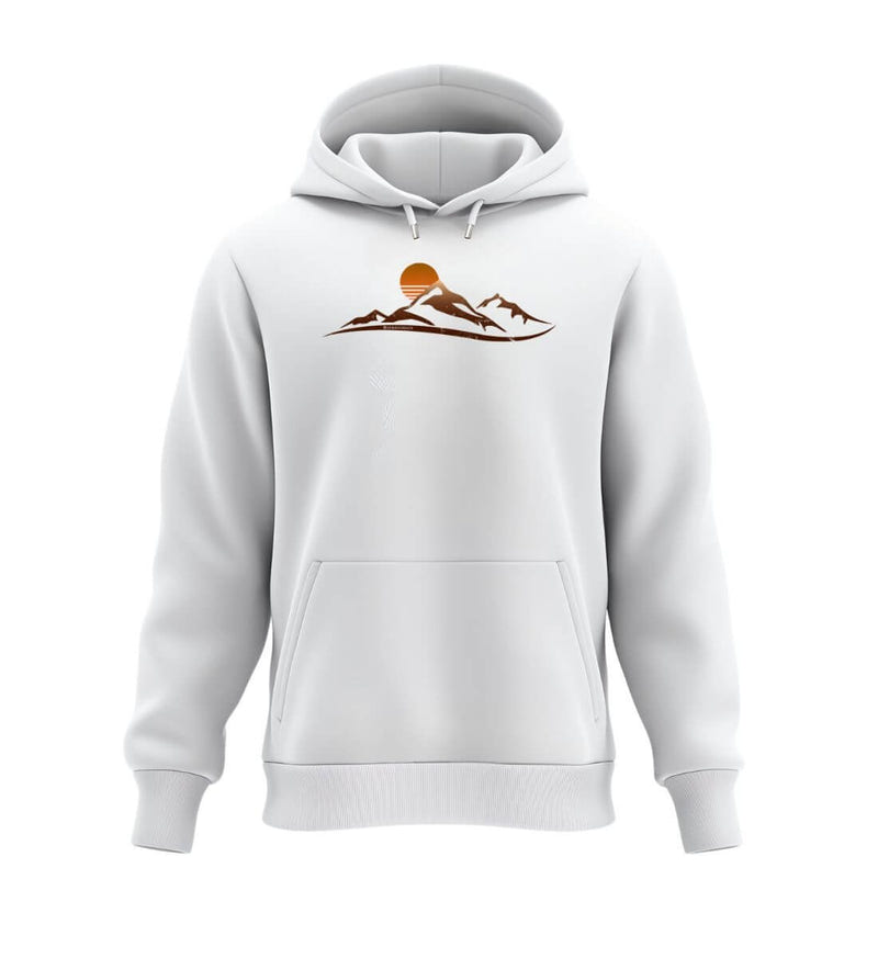 Sonnenuntergang Berg Hoodie in Weiß (White) – Produktbild (350 g/m² Bio-Baumwolle) von Rad&Rucksack