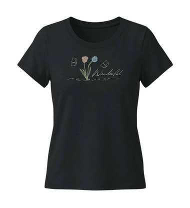 Geschenk Wanderin Tulpen Wanderful Tailliert in Schwarz (Black) – Produktbild (155 g/m² Bio-Baumwolle, tailliert) von Rad&Rucksack