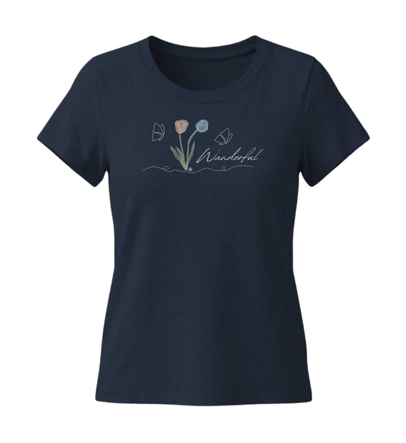 Tulpen Wanderful T-Shirt Damen Tailliert in Dunkelblau (French Navy) – Produktbild (155 g/m² Bio-Baumwolle, tailliert) von Rad&Rucksack