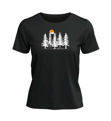 Outdoor T-Shirt Wald Forest Damen in Schwarz – Produktbild (100% Bio-Baumwolle) von Rad&Rucksack