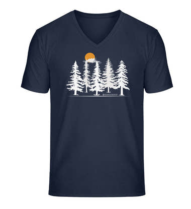 Forst V-Neck T-Shirt Herren „Wald Forest“ in Dunkelblau (French Navy) – Produktbild (100% Bio-Baumwolle) von Rad&Rucksack