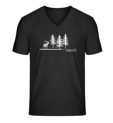 Wald Hirsch V-Neck T-Shirt Herren in Schwarz (Black) – Produktbild (100% Bio-Baumwolle) von Rad&Rucksack
