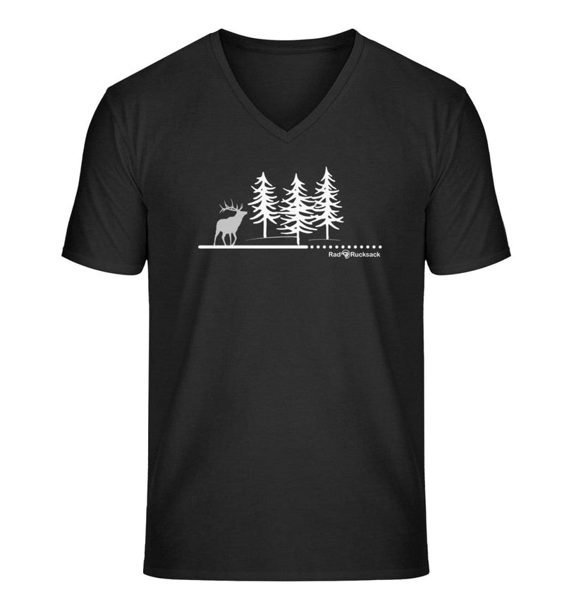 Wald Hirsch V-Neck T-Shirt Herren in Schwarz (Black) – Produktbild (100% Bio-Baumwolle) von Rad&Rucksack