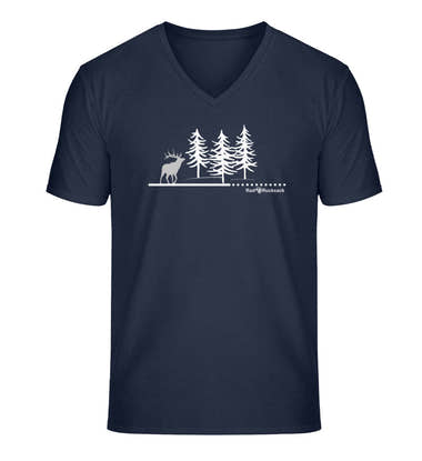 Outdoor V-Neck T-Shirt Wald Hirsch Herren in Dunkelblau (French Navy) – Produktbild (100% Bio-Baumwolle) von Rad&Rucksack