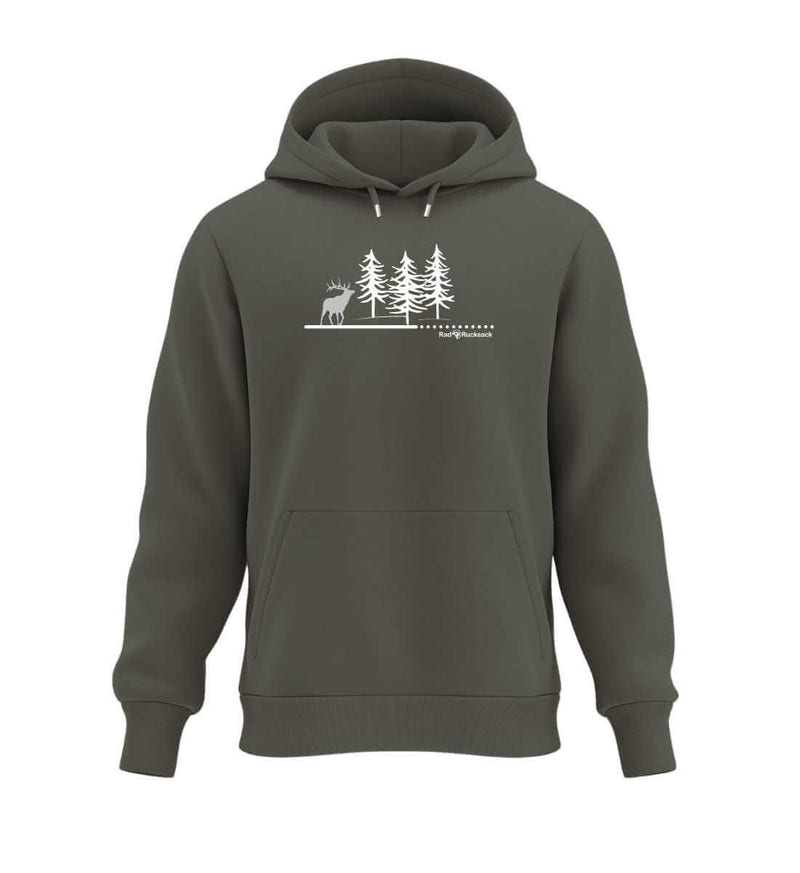 Wald Hirsch Hoodie in Olivgrün (Khaki) – Produktbild (350 g/m² Bio-Baumwolle) von Rad&Rucksack