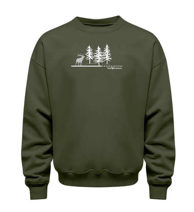 Wald Hirsch Pullover in Olivgrün (Khaki) – Produktbild (350 g/m² Bio-Baumwolle) von Rad&Rucksack