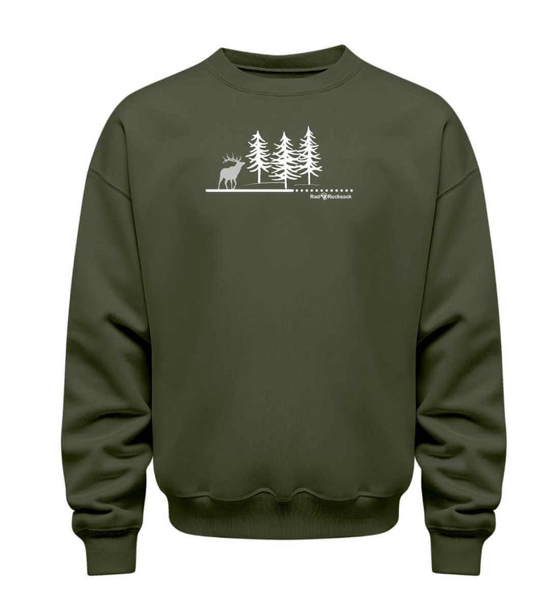 Wald Hirsch Pullover in Olivgrün (Khaki) – Produktbild (350 g/m² Bio-Baumwolle) von Rad&Rucksack