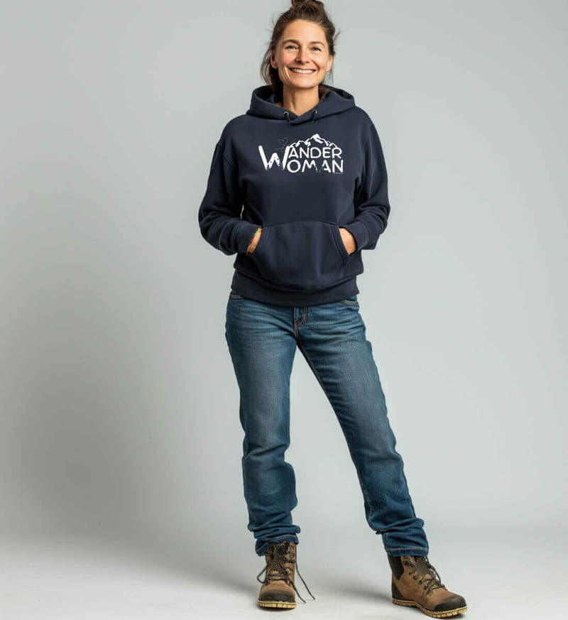 Wander Woman | Unisex Organic Hoodie von Rad&Rucksack - am Model präsentiert