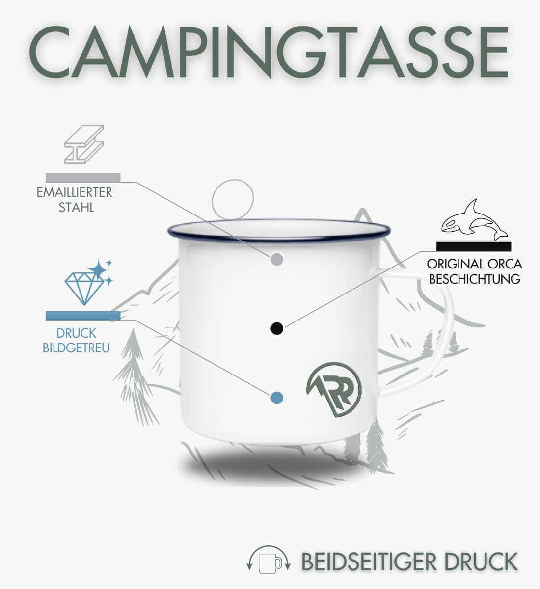 Wandern mit Hund | Emaille Tasse von Rad&Rucksack - am Model präsentiert