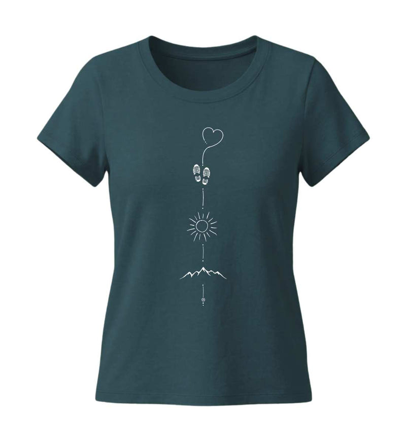 Wandern Sonne Berg T-Shirt Damen Tailliert in Blaugrün (Stargazer) – Produktbild (155 g/m² Bio-Baumwolle, tailliert) von Rad&Rucksack