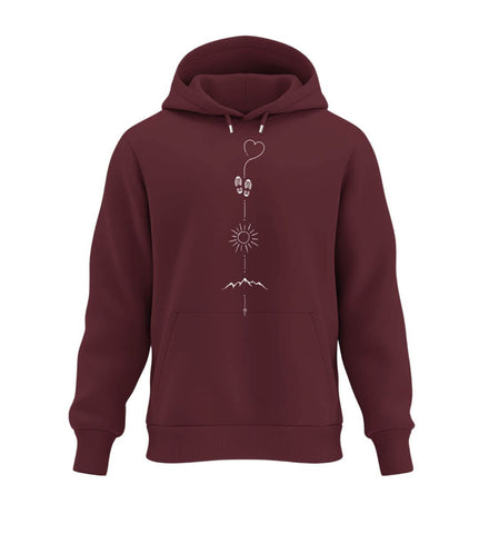 Outdoor Hoodie Wandern Sonne Berg in Weinrot (Burgundy) – Produktbild (350 g/m² Bio-Baumwolle) von Rad&Rucksack