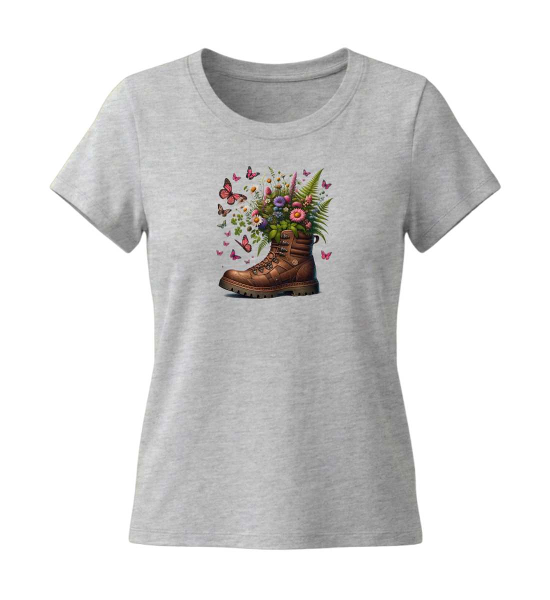Wanderschuh-Blumen | Damen Premium Organic T-Shirt (Fitted) in Heather Grey von Rad&Rucksack
