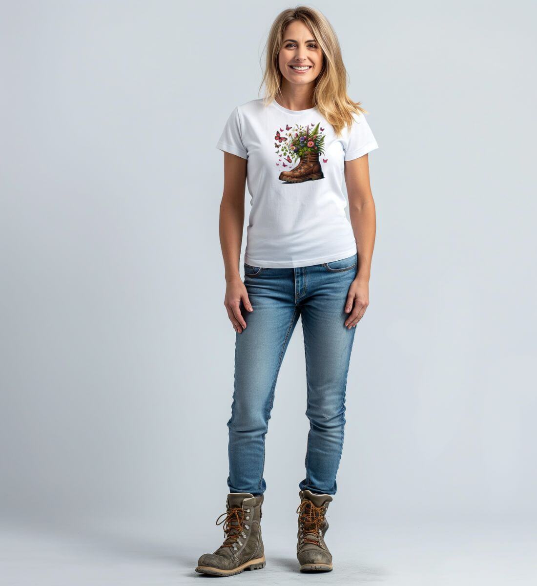 Wanderschuh-Blumen | Damen Premium Organic T-Shirt von Rad&Rucksack - am Model präsentiert