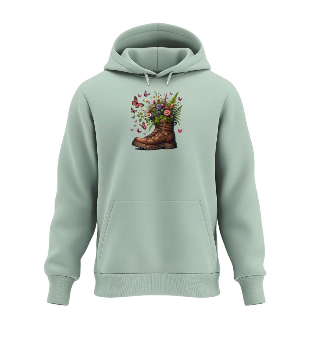 Wanderschuh-Blumen | Unisex Organic Hoodie in Aloe von Rad&Rucksack