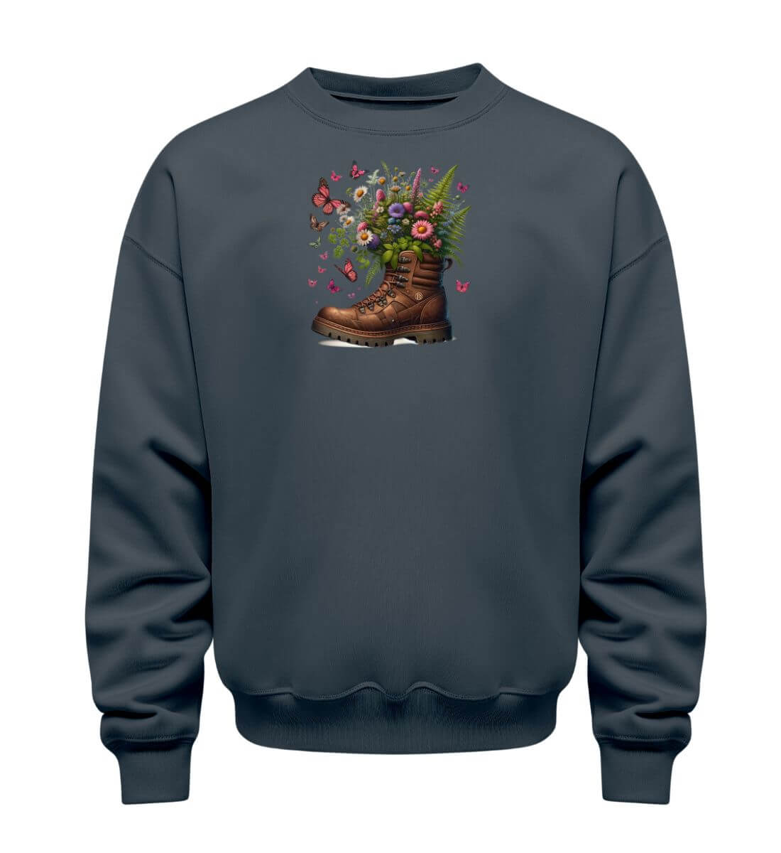 Wanderschuh-Blumen | Unisex Organic Pullover in India Ink Grey von Rad&Rucksack