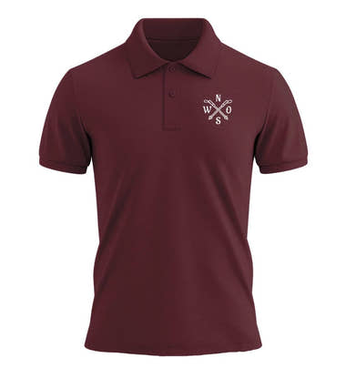 Outdoor Poloshirt mit Stick „Wanderstöcke“ in Weinrot (Burgundy) – Produktbild (240 g/m² Bio-Piqué mit Stick) von Rad&Rucksack