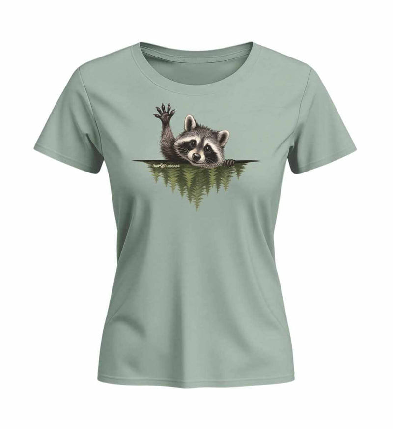 Waschbär Hallo Bio T-Shirt Damen Tailliert in Salbeigrün (Aloe) – Produktbild (155 g/m² Bio-Baumwolle, tailliert) von Rad&Rucksack