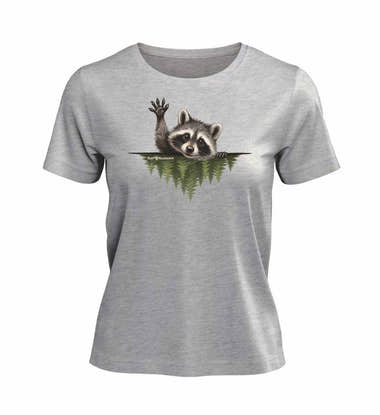 Geschenk Waschbär Hallo T-Shirt in Grau-Melange (Heather Grey) – Produktbild (100% Bio-Baumwolle) von Rad&Rucksack