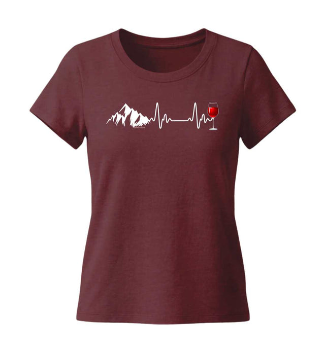 Wein Berg Herzschlag T-Shirt Damen Tailliert in Weinrot (Burgundy) – Produktbild (155 g/m² Bio-Baumwolle, tailliert) von Rad&Rucksack