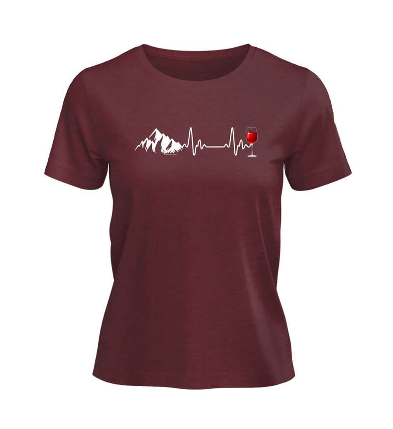 Weinliebe T-Shirt Damen „Wein Berg Herzschlag“ in Weinrot (Burgundy) – Produktbild (100% Bio-Baumwolle) von Rad&Rucksack