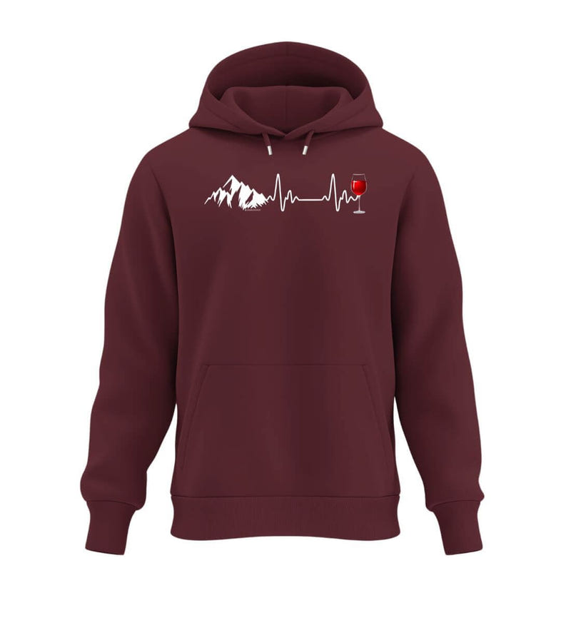 Wein Berg Herzschlag Hoodie in Weinrot (Burgundy) – Produktbild (350 g/m² Bio-Baumwolle) von Rad&Rucksack