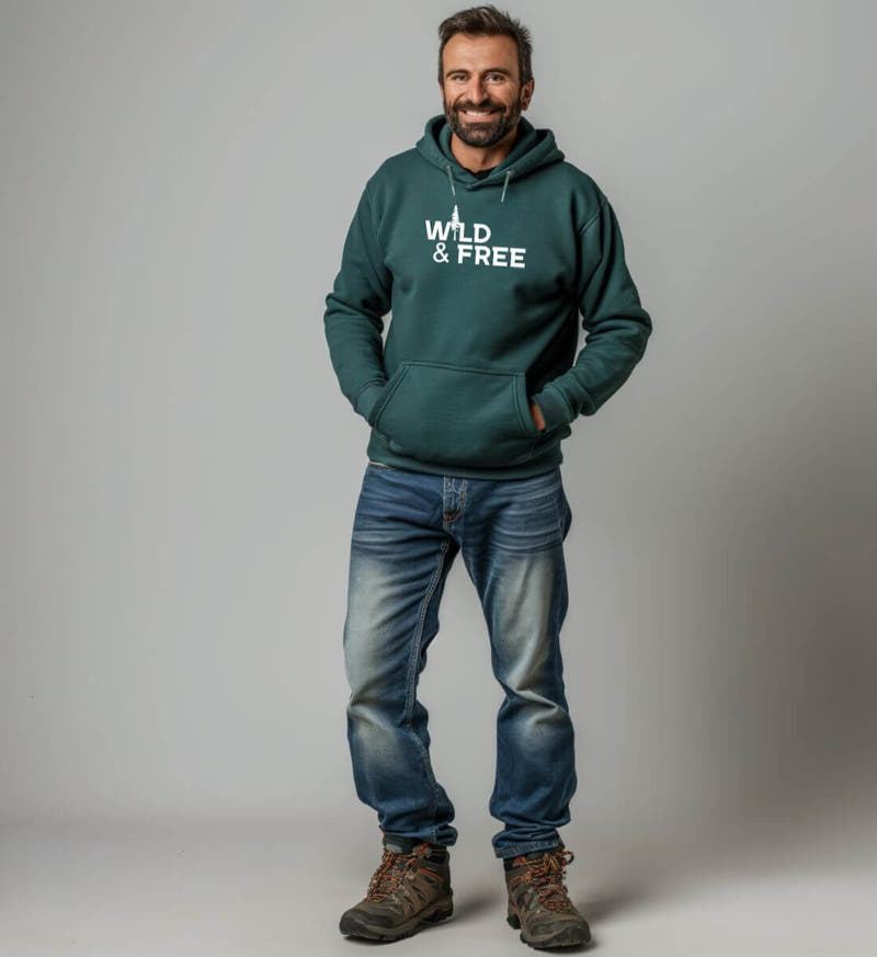 Wild & Free | Unisex Organic Hoodie von Rad&Rucksack - am Model präsentiert