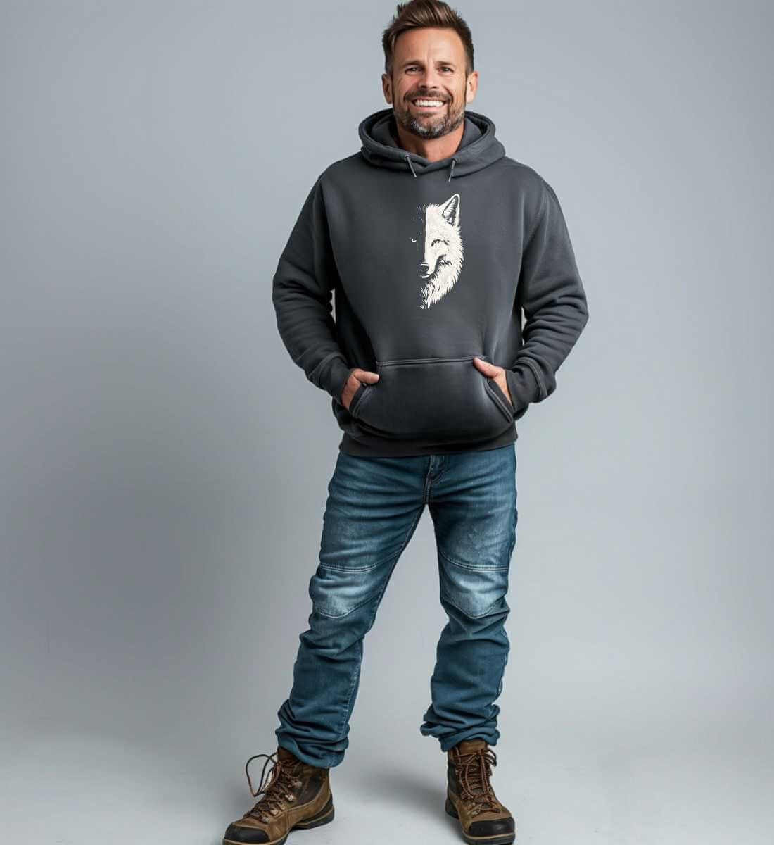 Wolf | Unisex Organic Hoodie von Rad&Rucksack - am Model präsentiert